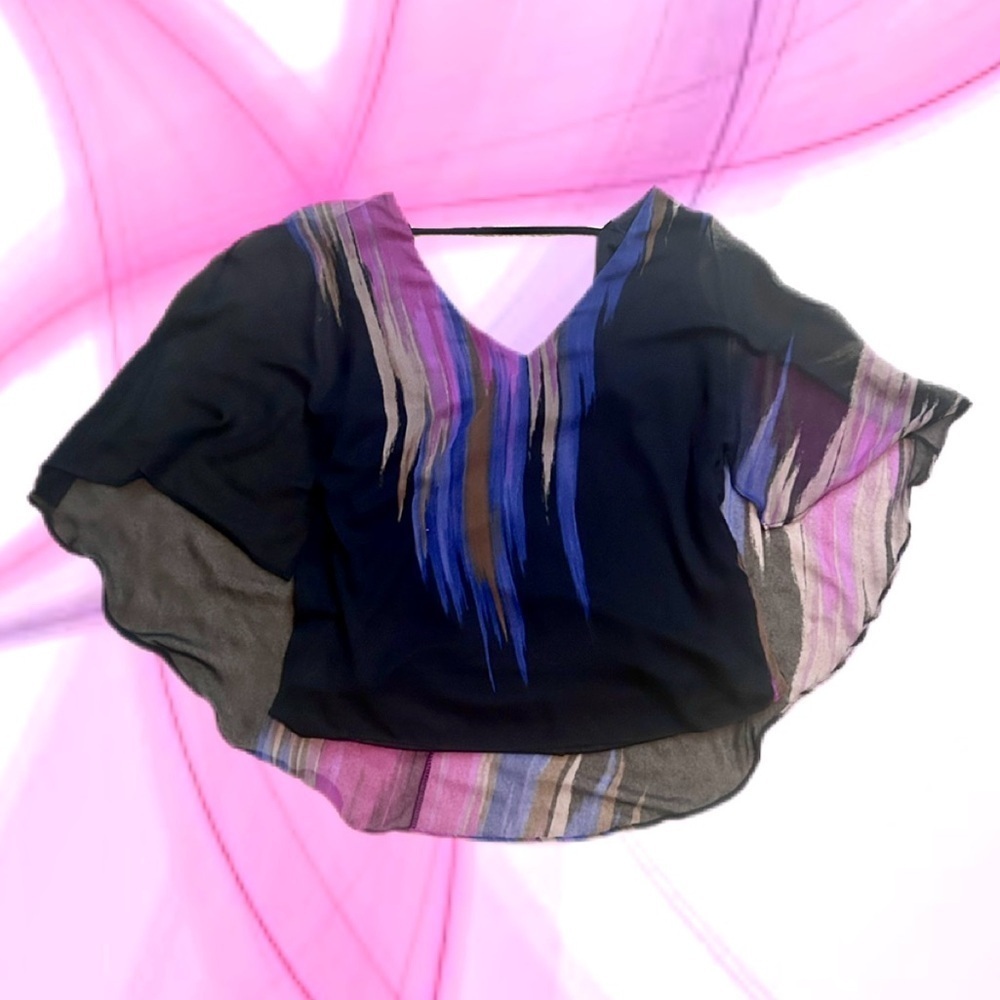 Vintage Le Chateau Flowy Mesh Black Batwing Blue Purple Beige Women's Top
